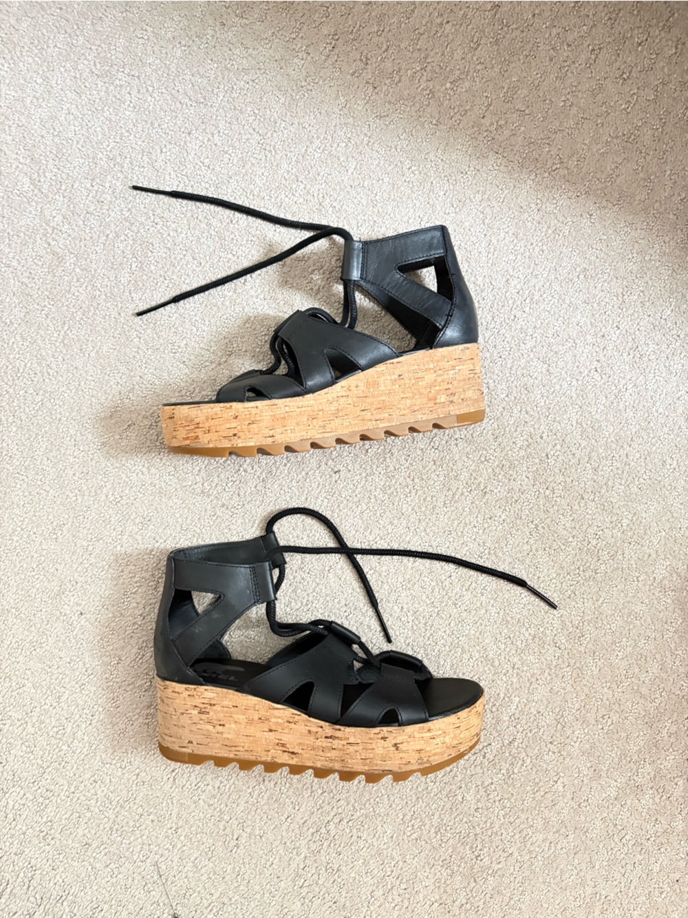 Sorel Black Lace-Up Cork Platform Wedges